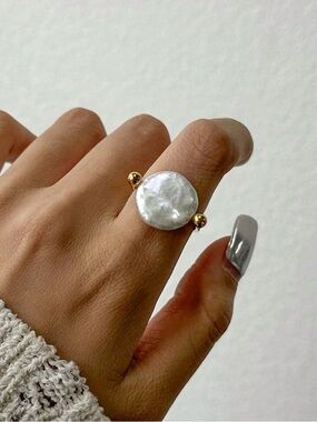 Gold - Natural Freshwater Pearl Disc Ring - Women Jewelry